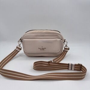 Kate Spade Rosie Pebbled Leather Flap Camera Bag Parchment Multi Web Strap